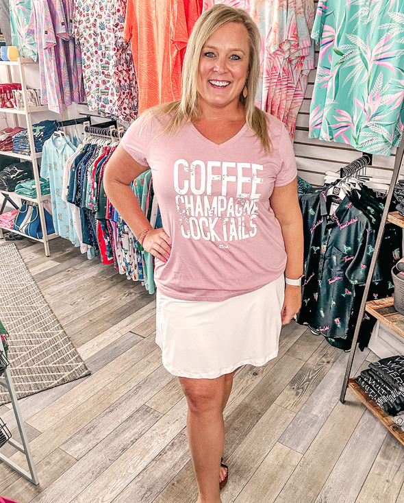 Coffee, Champagne, Cocktails Ladies Vneck Tee