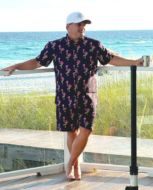 Neon Flamingos Pearl-Snap Button Up