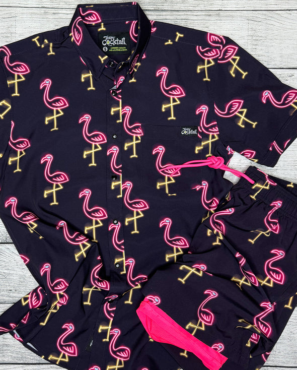 Neon Flamingos Pearl-Snap Button Up