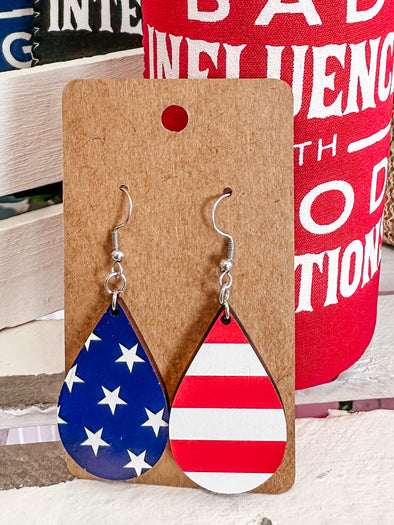 Red White & Blue Stars & Stripes Wood Earrings