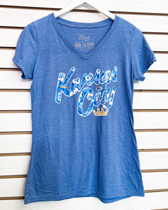 KC Royal Floral Text Ladies Triblend Vneck Tee