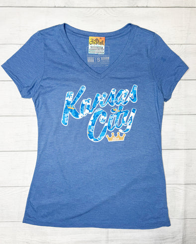 KC Royal Floral Text Ladies Triblend Vneck Tee