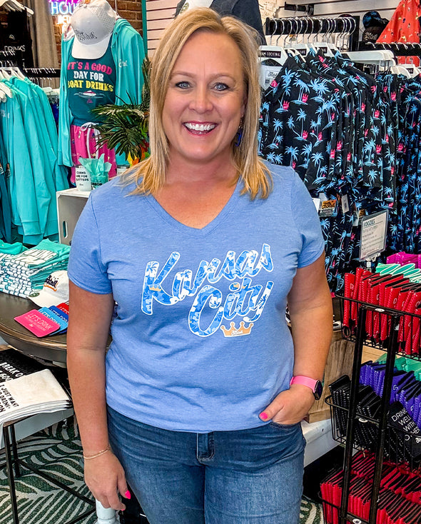 KC Royal Floral Text Ladies Triblend Vneck Tee