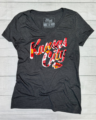 Kansas City Floral Text Ladies Triblend Vneck Tee
