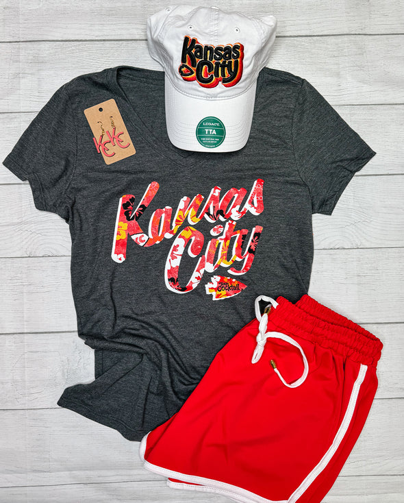Kansas City Floral Text Ladies Triblend Vneck Tee