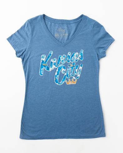 KC Royal Floral Text Ladies Triblend Vneck Tee