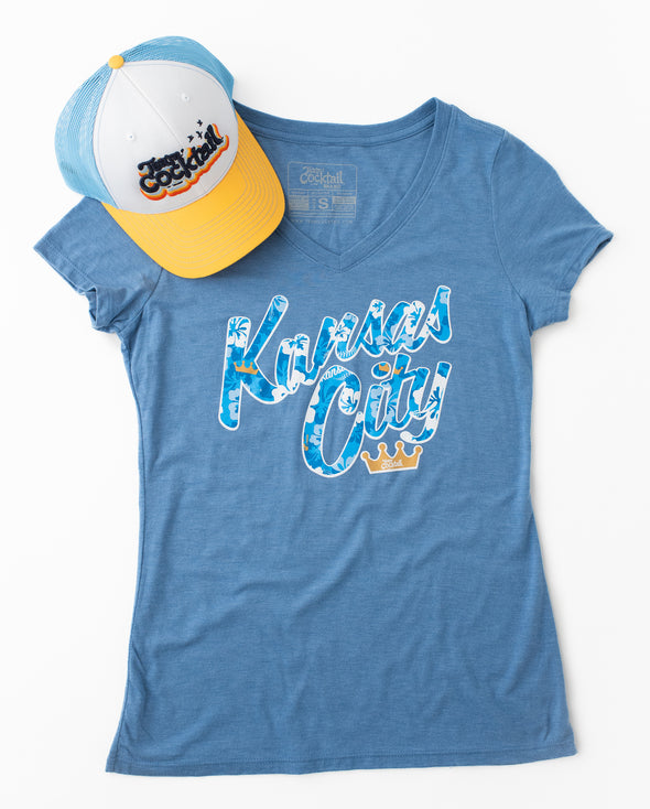 KC Royal Floral Text Ladies Triblend Vneck Tee