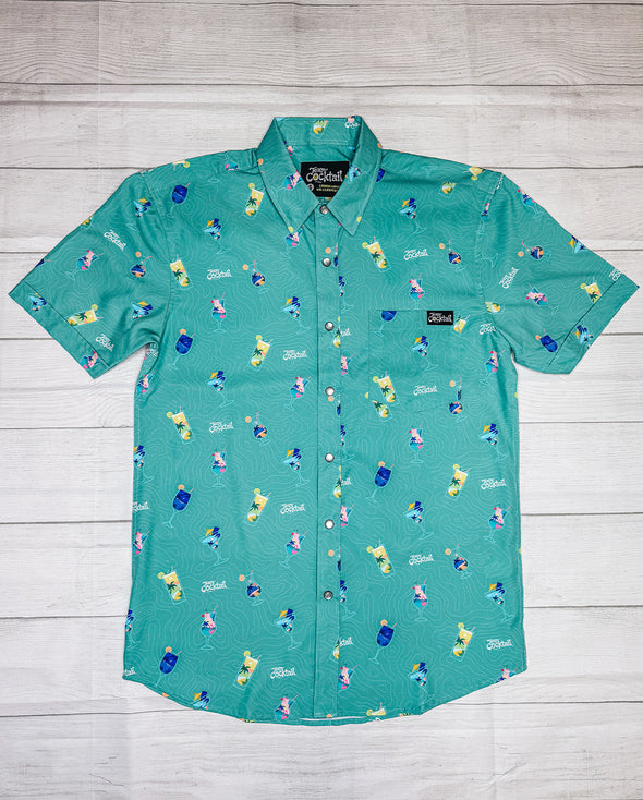 Look your best wearing this, soft, lightweight, and comfortable Unisex Button Up Shirt. Featuring Pear Snap Buttons, sewn sleeve cuffs, and a bright, fun original print.  Perfect shirt for vacations to the beach, islands, Mexico, or anywhere tropical.  Enjoy your favorite cocktail while wearing it on your shirt!