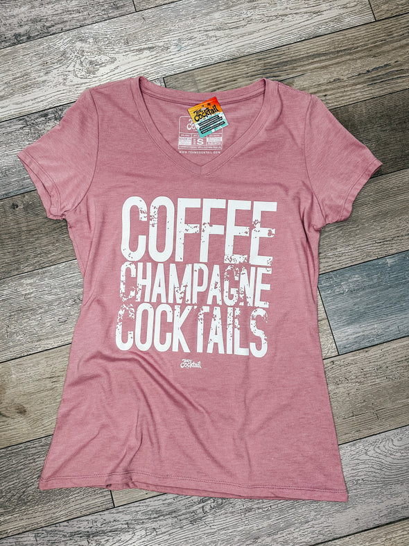 Coffee, Champagne, Cocktails Ladies Vneck Tee