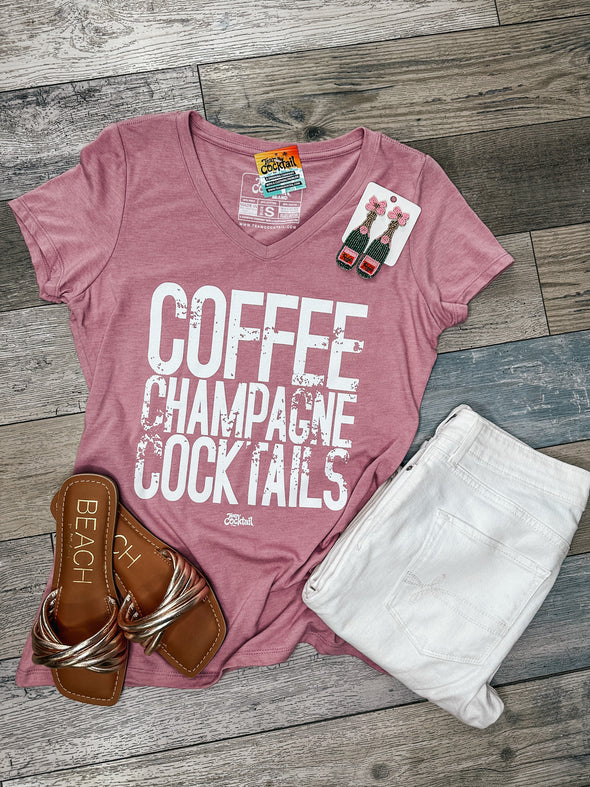 Coffee, Champagne, Cocktails Ladies Vneck Tee